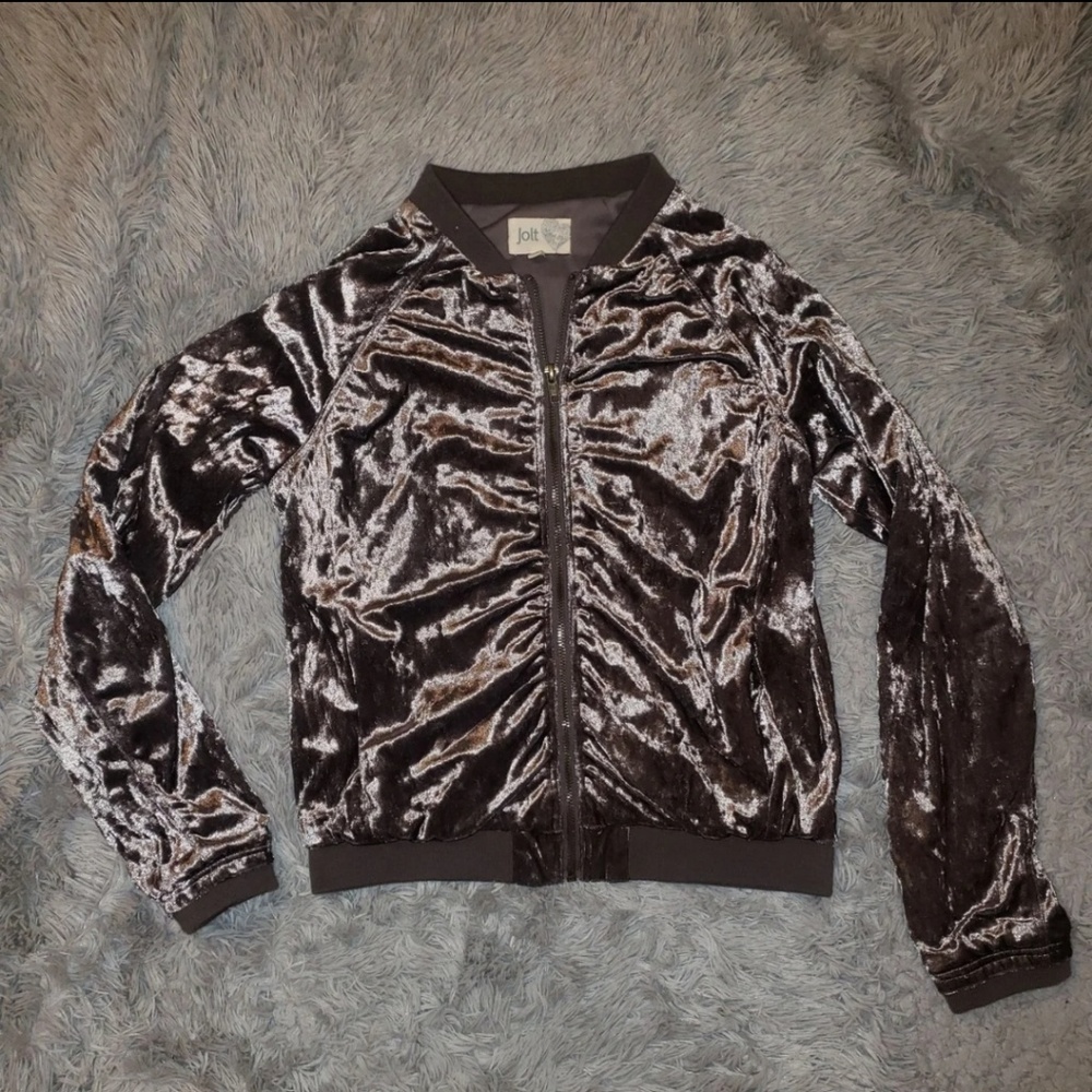 Crushed Velvet Gray Metal Bomber Jacket Full Zip